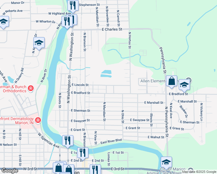map of restaurants, bars, coffee shops, grocery stores, and more near 429 East Bradford Street in Marion