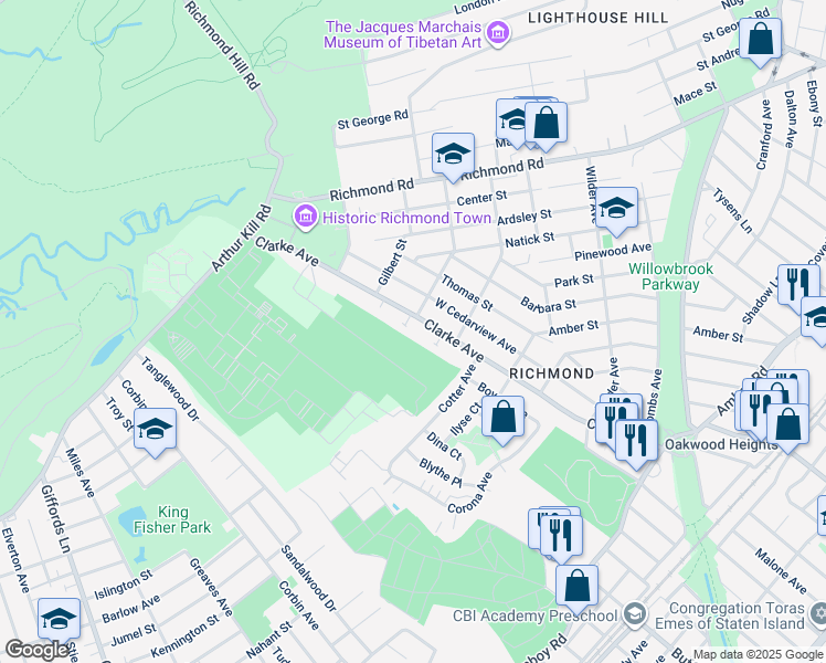 map of restaurants, bars, coffee shops, grocery stores, and more near 420 Clarke Avenue in Staten Island
