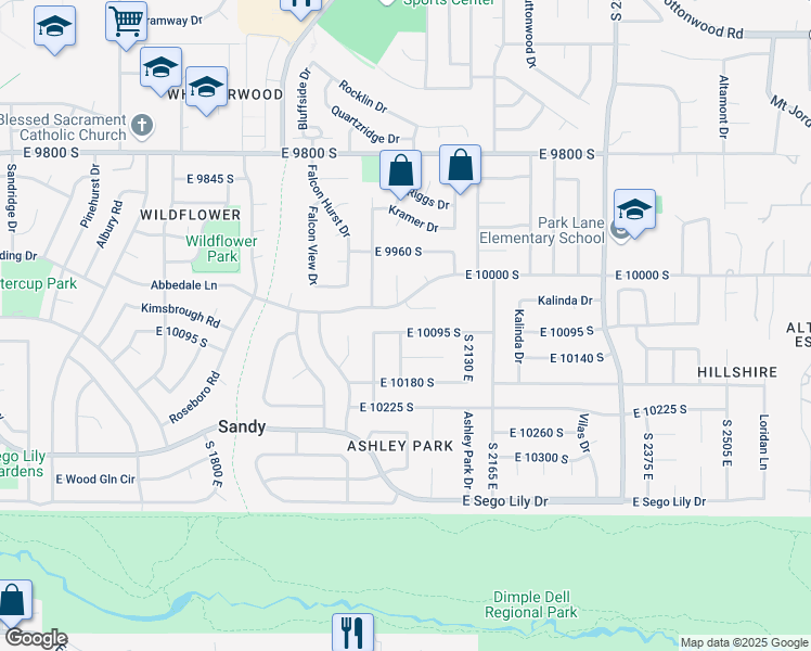 map of restaurants, bars, coffee shops, grocery stores, and more near 10111 South 2050 East in Sandy