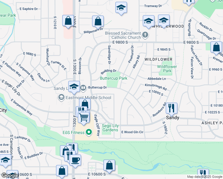 map of restaurants, bars, coffee shops, grocery stores, and more near 1528 Buttercup Drive in Sandy