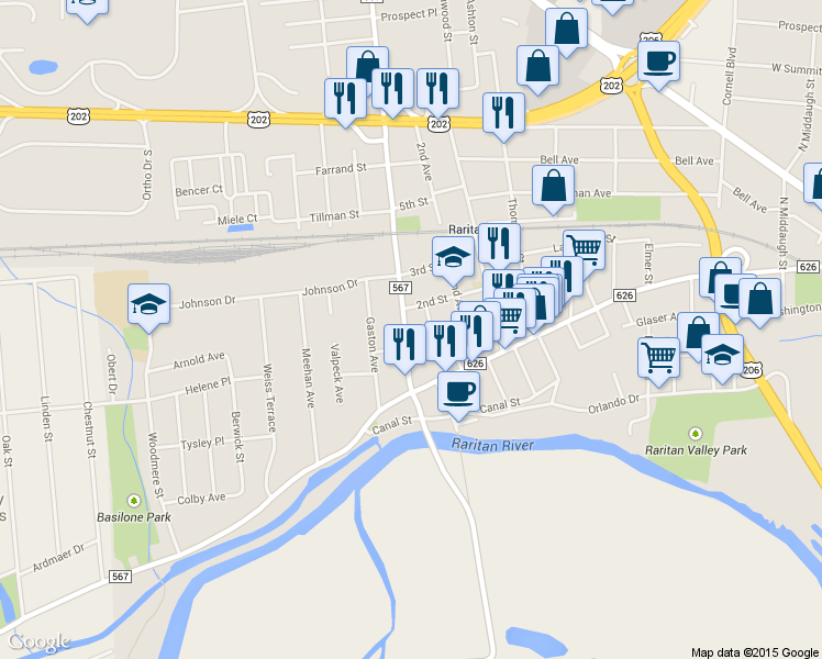 map of restaurants, bars, coffee shops, grocery stores, and more near 30 1st Avenue in Raritan