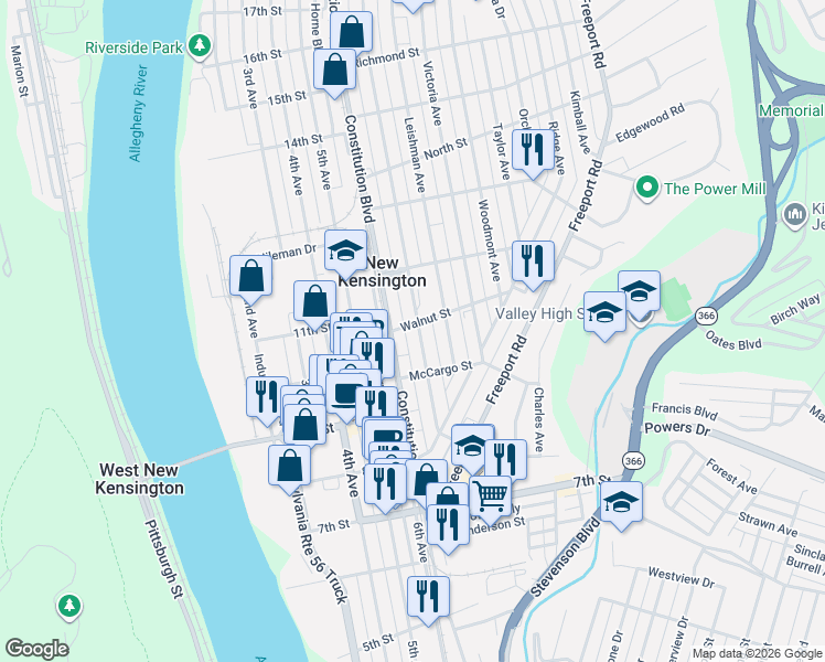 map of restaurants, bars, coffee shops, grocery stores, and more near 1078 Constitution Boulevard in New Kensington