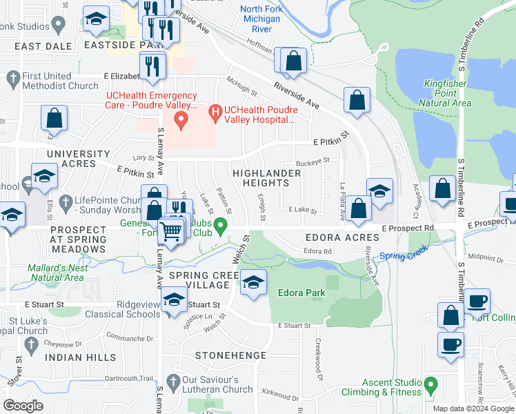 map of restaurants, bars, coffee shops, grocery stores, and more near 1501 Emigh Street in Fort Collins