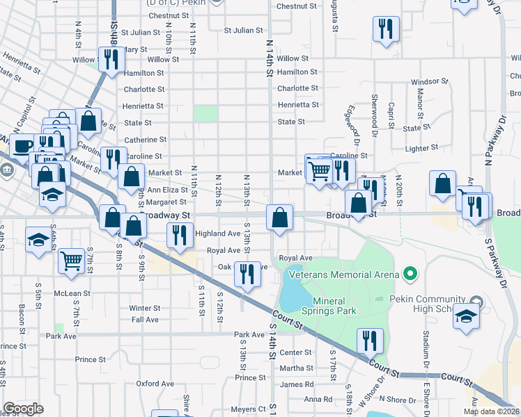 map of restaurants, bars, coffee shops, grocery stores, and more near 1304 Broadway Street in Pekin