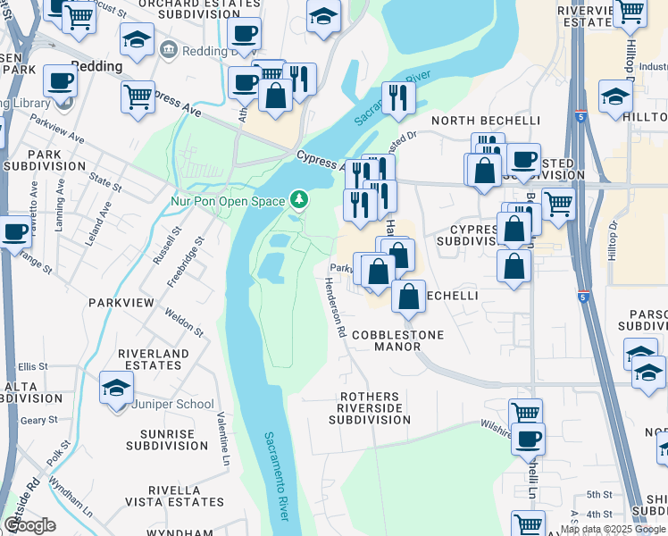 map of restaurants, bars, coffee shops, grocery stores, and more near 107 Parkview Avenue in Redding