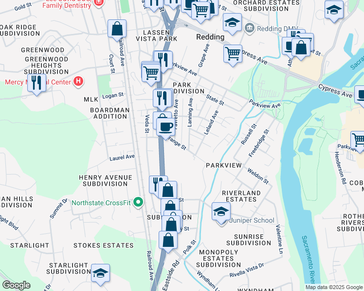 map of restaurants, bars, coffee shops, grocery stores, and more near 1167 Grange Street in Redding
