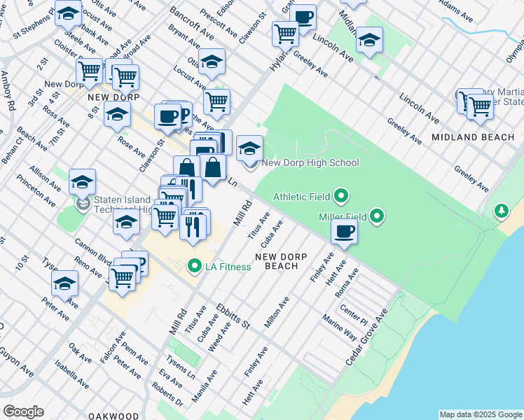 map of restaurants, bars, coffee shops, grocery stores, and more near 34 Titus Avenue in Staten Island