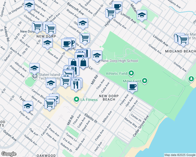 map of restaurants, bars, coffee shops, grocery stores, and more near 34 Titus Avenue in Staten Island