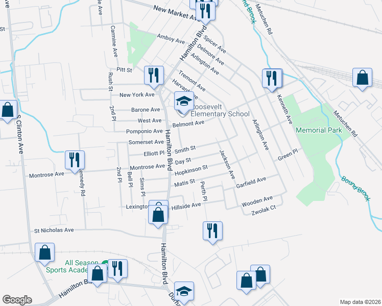 map of restaurants, bars, coffee shops, grocery stores, and more near 140 Day Street in South Plainfield