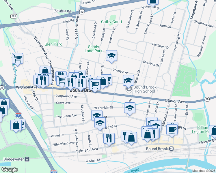 map of restaurants, bars, coffee shops, grocery stores, and more near in Bound Brook