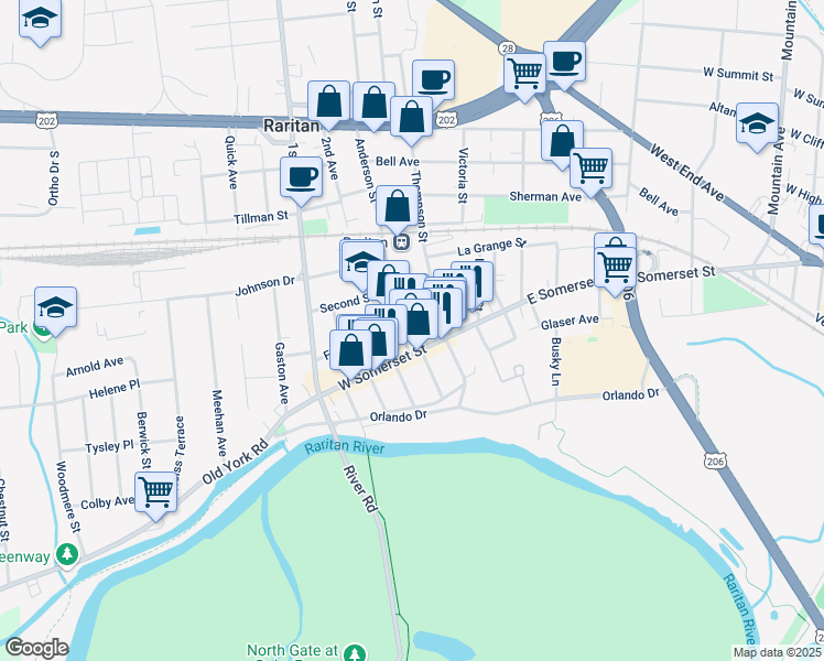 map of restaurants, bars, coffee shops, grocery stores, and more near 28 West Somerset Street in Raritan