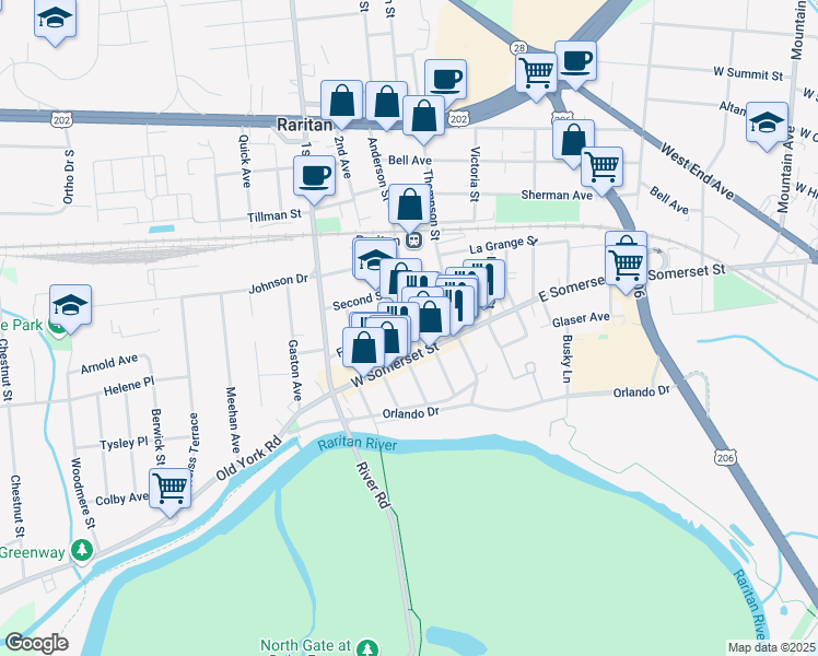 map of restaurants, bars, coffee shops, grocery stores, and more near 28 West Somerset Street in Raritan