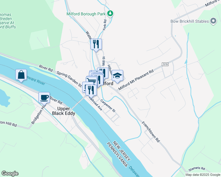 map of restaurants, bars, coffee shops, grocery stores, and more near 40 Frenchtown Road in Milford
