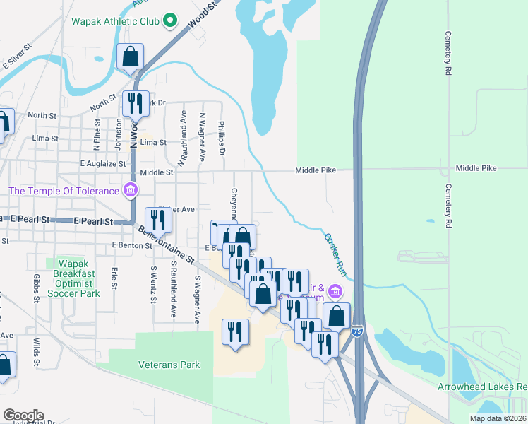 map of restaurants, bars, coffee shops, grocery stores, and more near 218 East Town Drive in Wapakoneta