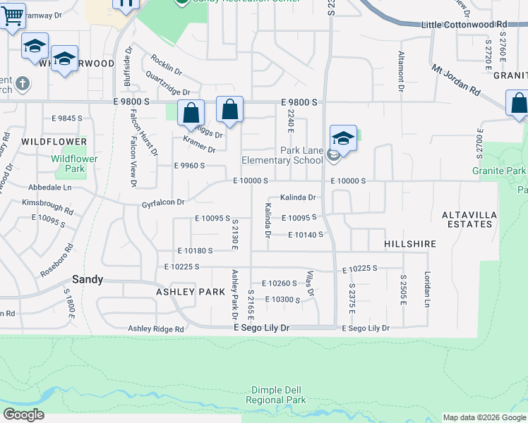 map of restaurants, bars, coffee shops, grocery stores, and more near 10074 Kalinda Drive in Sandy