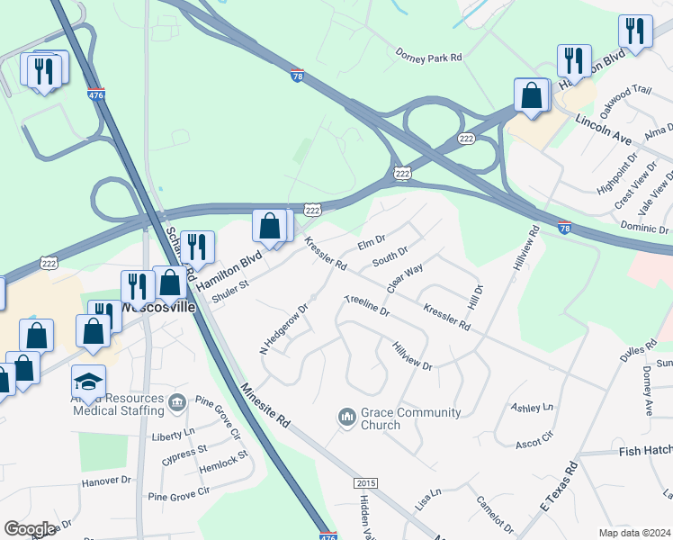 map of restaurants, bars, coffee shops, grocery stores, and more near 888 Kressler Road in Allentown