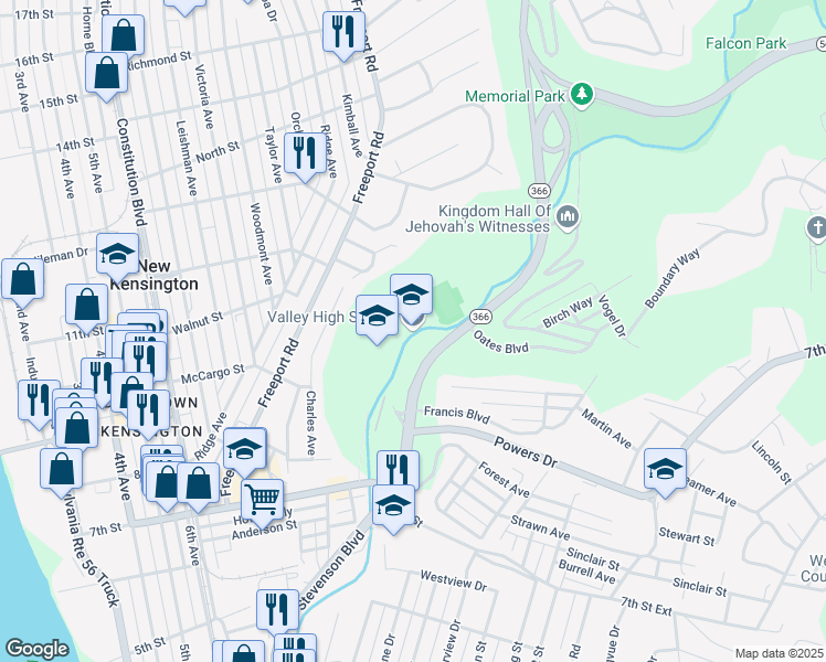 map of restaurants, bars, coffee shops, grocery stores, and more near 703 Stevenson Boulevard in New Kensington