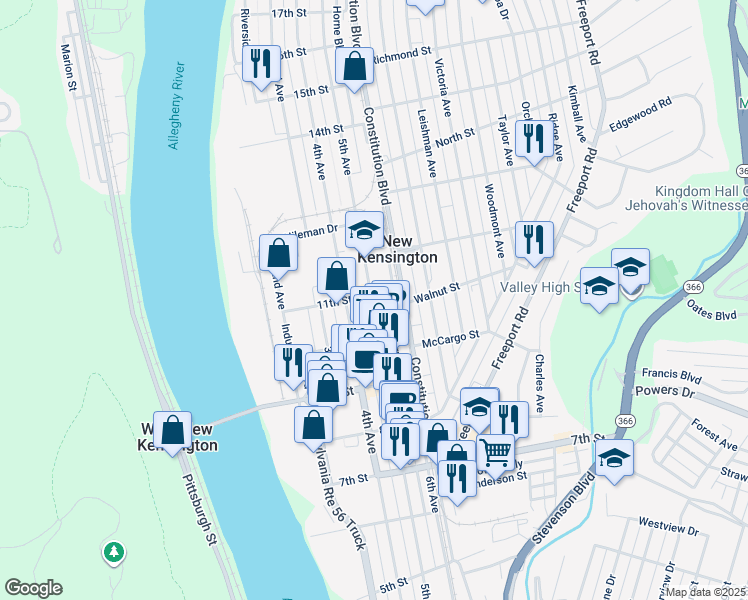 map of restaurants, bars, coffee shops, grocery stores, and more near 1080 5th Avenue in New Kensington