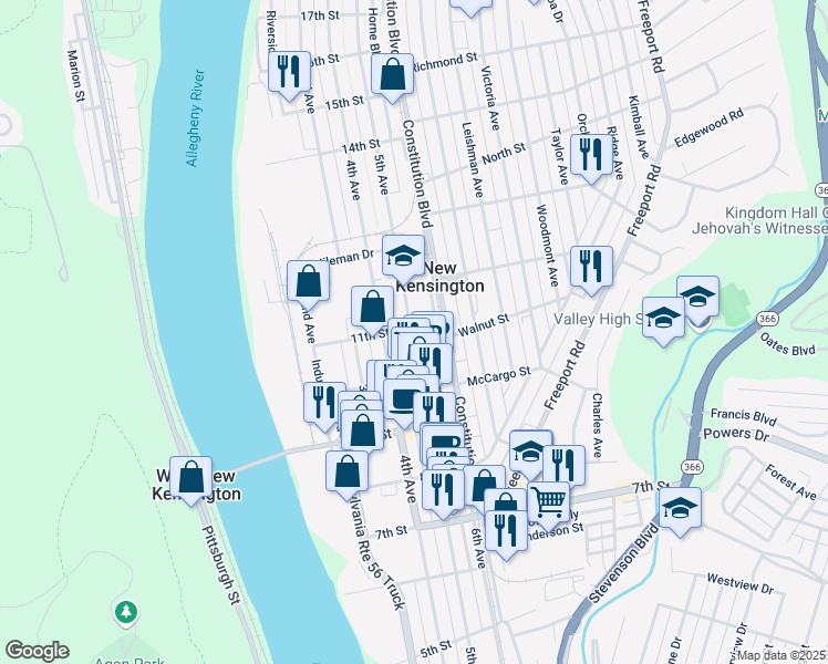 map of restaurants, bars, coffee shops, grocery stores, and more near 1080 5th Avenue in New Kensington