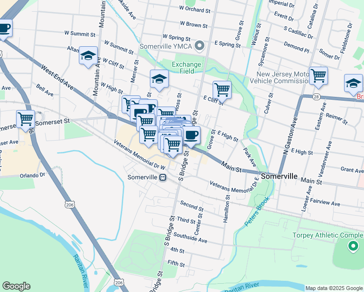 map of restaurants, bars, coffee shops, grocery stores, and more near 15 West Main Street in Somerville