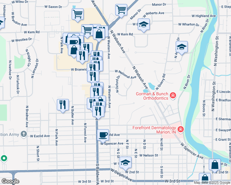 map of restaurants, bars, coffee shops, grocery stores, and more near 806 North Western Avenue in Marion