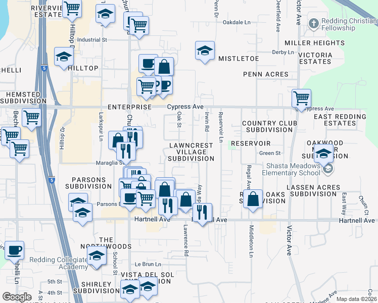 map of restaurants, bars, coffee shops, grocery stores, and more near 2760 Alfreda Way in Redding