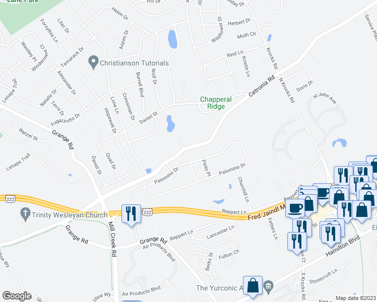 map of restaurants, bars, coffee shops, grocery stores, and more near 5970 Cetronia Road in Allentown