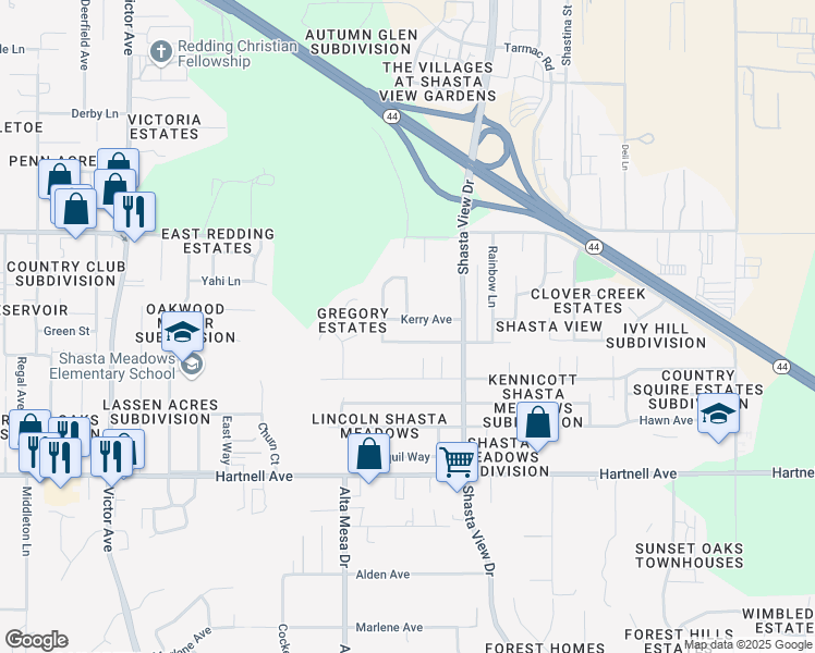 map of restaurants, bars, coffee shops, grocery stores, and more near 2305 Kerry Avenue in Redding