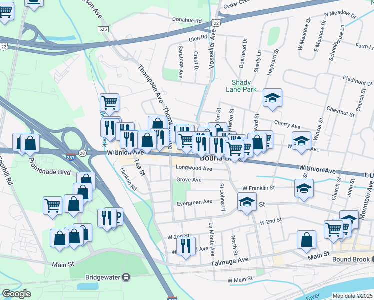 map of restaurants, bars, coffee shops, grocery stores, and more near 470 West Union Avenue in Bound Brook