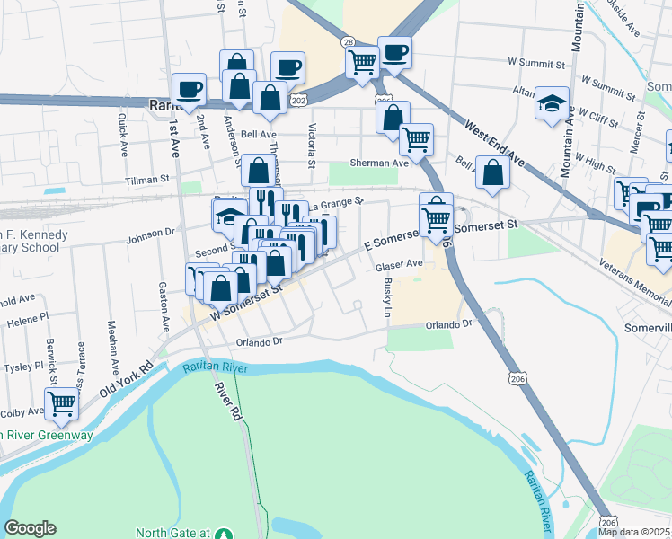 map of restaurants, bars, coffee shops, grocery stores, and more near in Raritan
