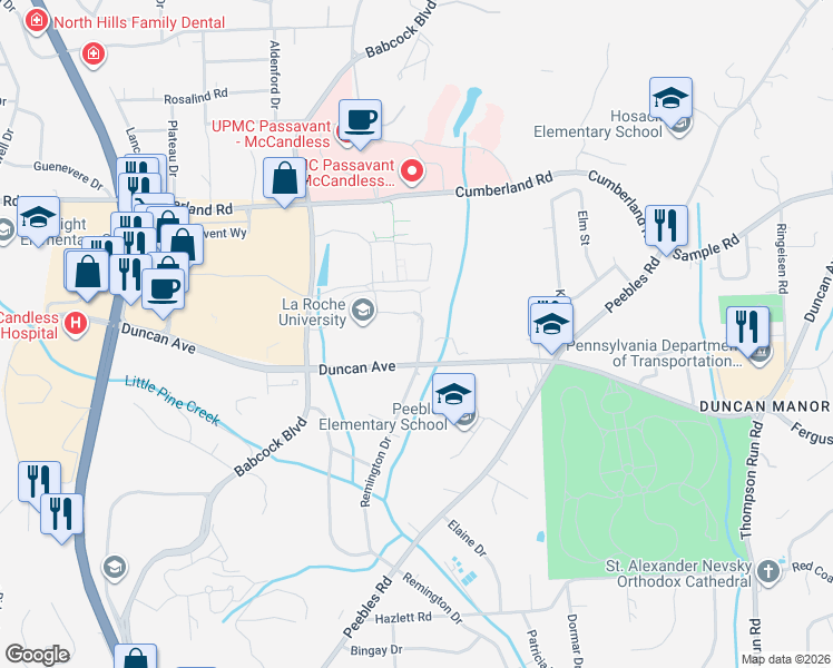map of restaurants, bars, coffee shops, grocery stores, and more near 9000 Babcock Boulevard in Pittsburgh