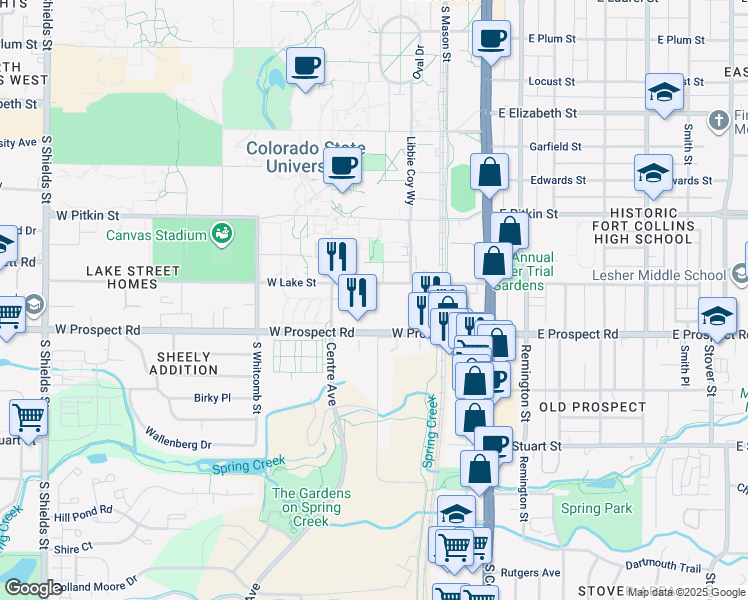 map of restaurants, bars, coffee shops, grocery stores, and more near 304-310 West Prospect Road in Fort Collins