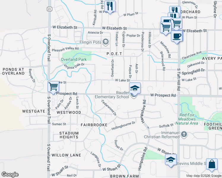 map of restaurants, bars, coffee shops, grocery stores, and more near 2536 West Prospect Road in Fort Collins