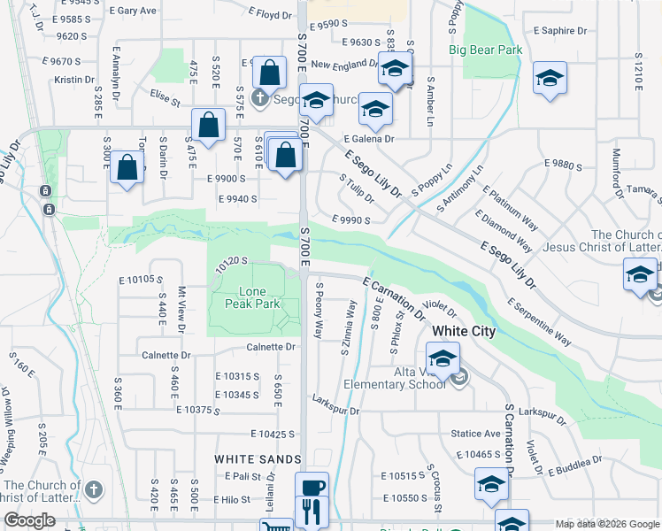 map of restaurants, bars, coffee shops, grocery stores, and more near 10118 South Peony Way in Sandy