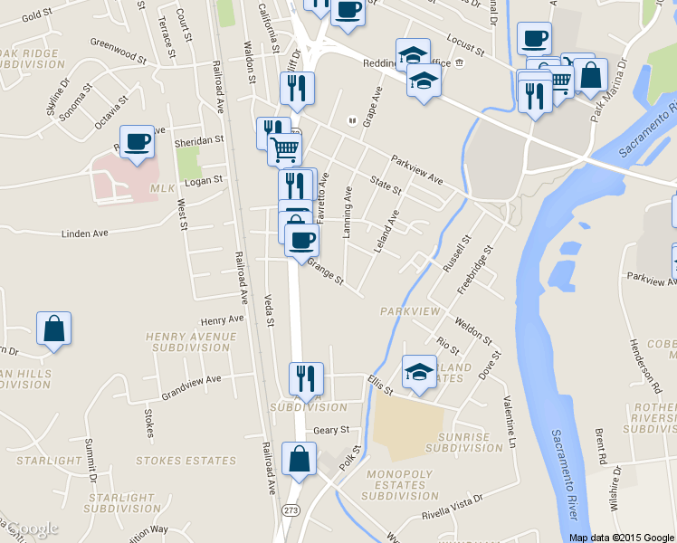 map of restaurants, bars, coffee shops, grocery stores, and more near 1167 Grange Street in Redding