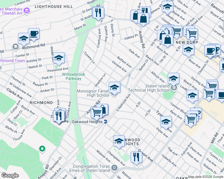map of restaurants, bars, coffee shops, grocery stores, and more near 2900 Amboy Road in Staten Island