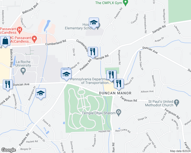 map of restaurants, bars, coffee shops, grocery stores, and more near 8854 Royal Manor Drive in McCandless