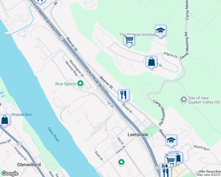 map of restaurants, bars, coffee shops, grocery stores, and more near 1 Ohio River Boulevard in Leetsdale
