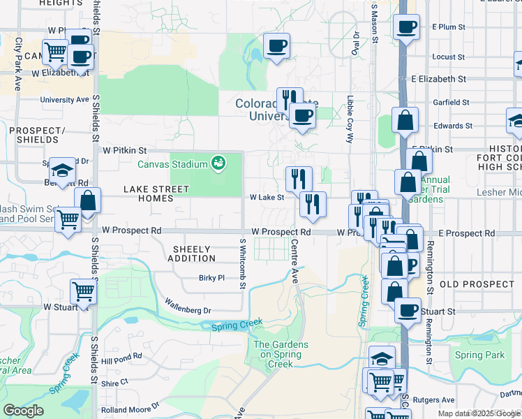 map of restaurants, bars, coffee shops, grocery stores, and more near 521 West Lake Street in Fort Collins