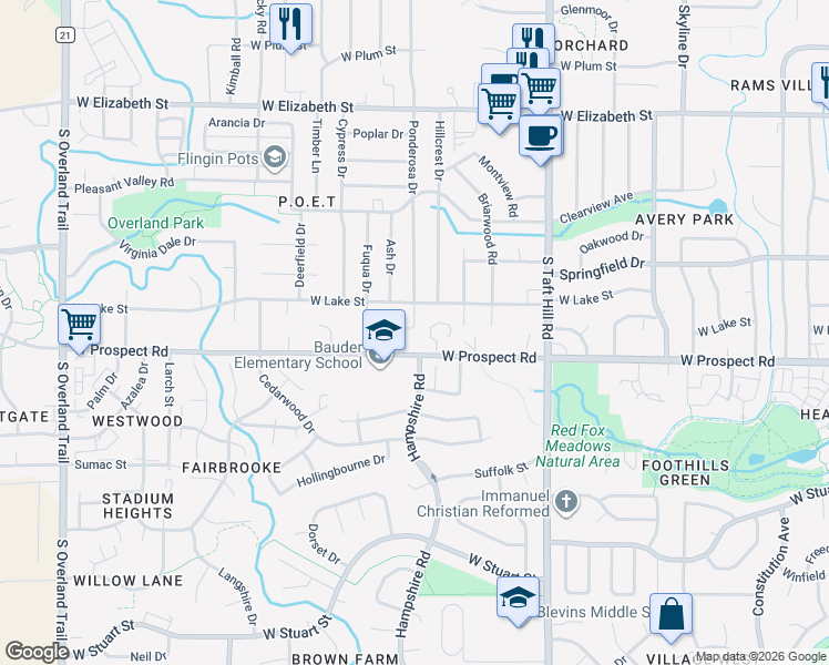 map of restaurants, bars, coffee shops, grocery stores, and more near 1609 Northbrook Court in Fort Collins