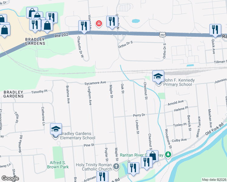 map of restaurants, bars, coffee shops, grocery stores, and more near 191 Maple Street in Bridgewater Township