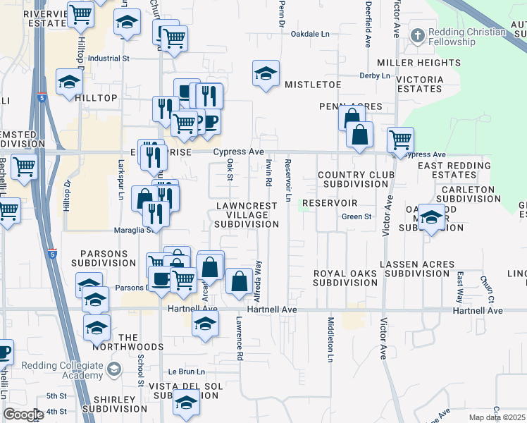 map of restaurants, bars, coffee shops, grocery stores, and more near 2680 Irwin Road in Redding