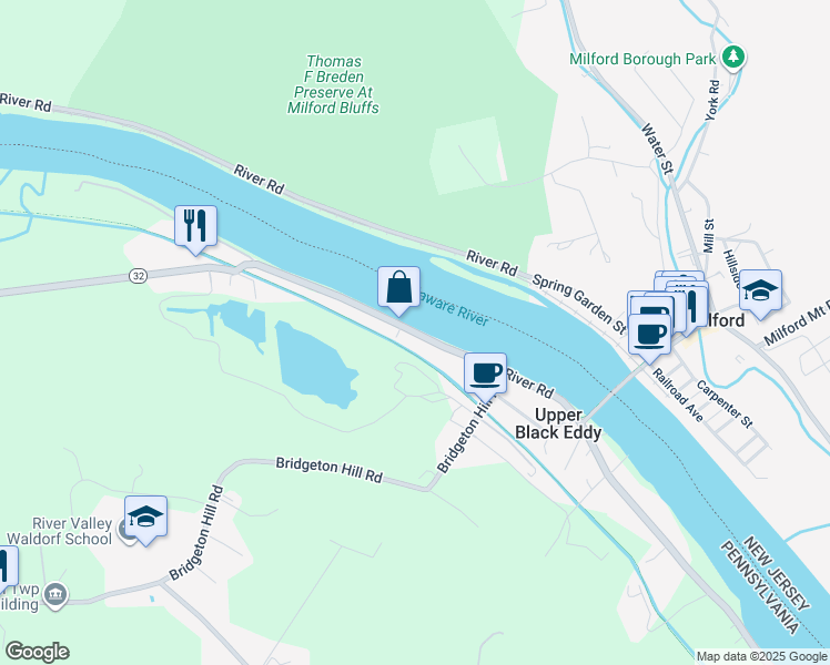 map of restaurants, bars, coffee shops, grocery stores, and more near 1734 River Road in Upper Black Eddy