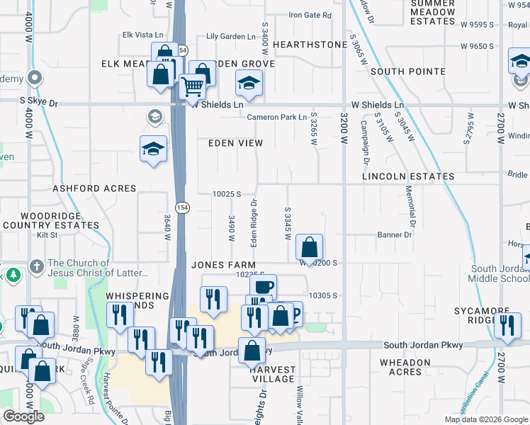 map of restaurants, bars, coffee shops, grocery stores, and more near 10027 Eden Ridge Drive in South Jordan