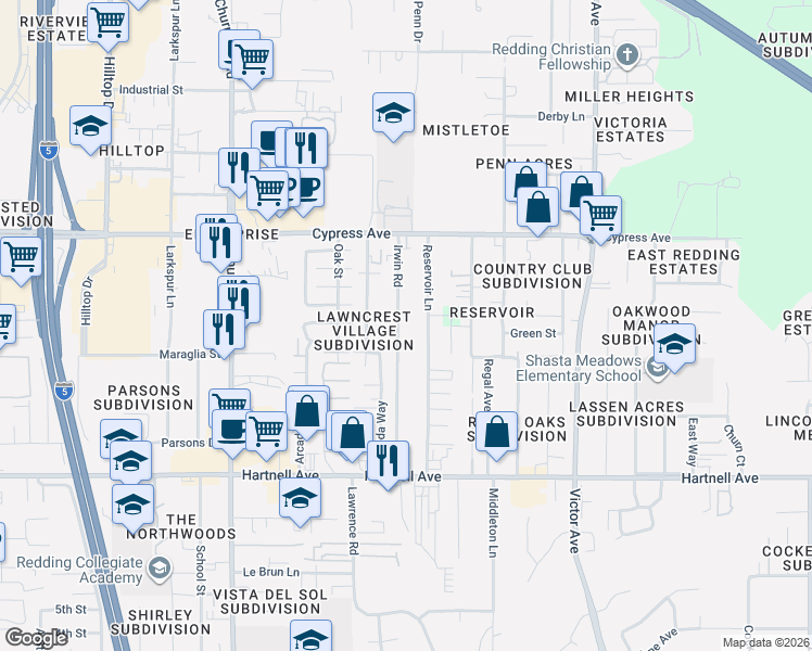 map of restaurants, bars, coffee shops, grocery stores, and more near 2631 Irwin Road in Redding