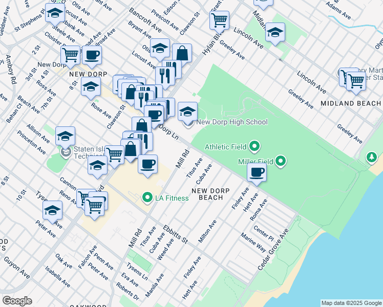 map of restaurants, bars, coffee shops, grocery stores, and more near 509 New Dorp Lane in Staten Island