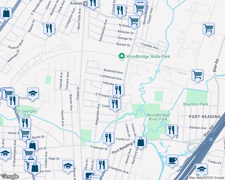 map of restaurants, bars, coffee shops, grocery stores, and more near 100 Hillside Avenue in Woodbridge Township