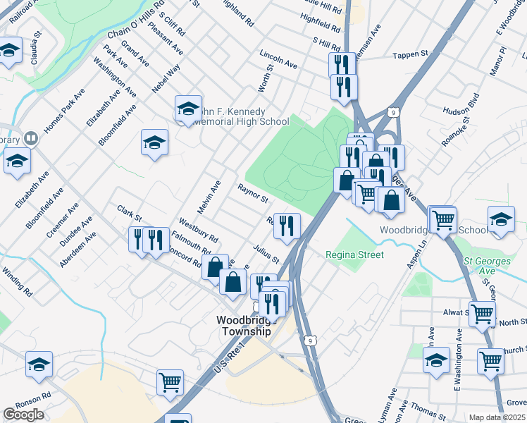 map of restaurants, bars, coffee shops, grocery stores, and more near 206 Raynor Street in Woodbridge Township