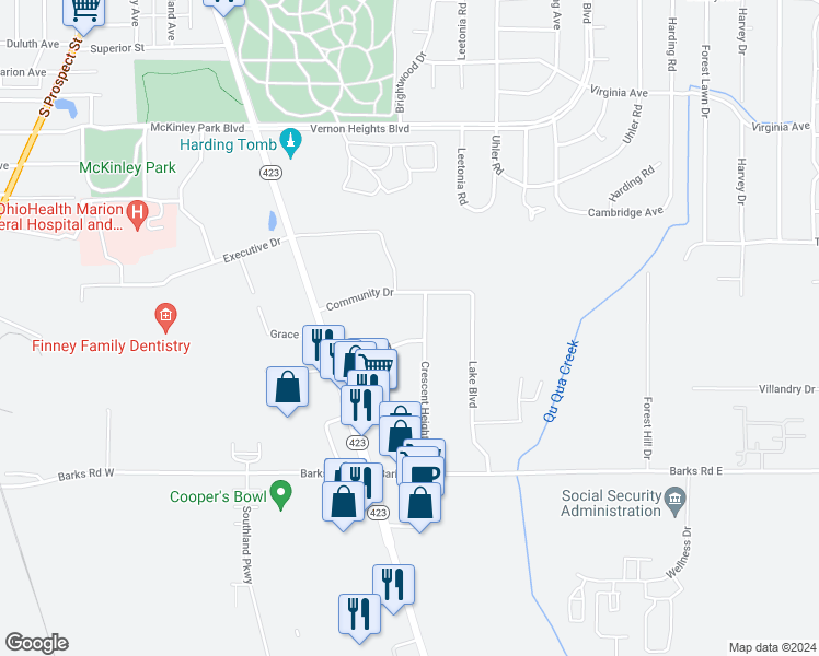 map of restaurants, bars, coffee shops, grocery stores, and more near 1101-1187 Crescent Heights Rd in Marion