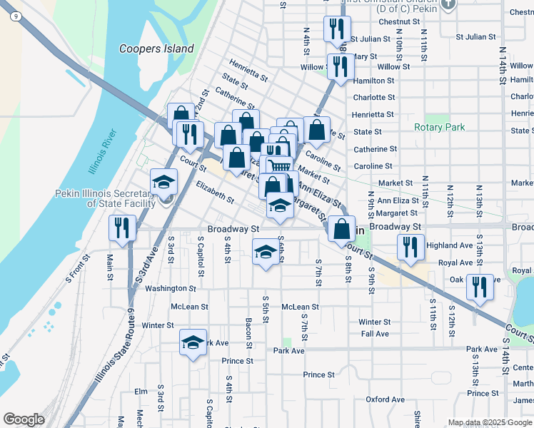 map of restaurants, bars, coffee shops, grocery stores, and more near 423 Court Street in Pekin
